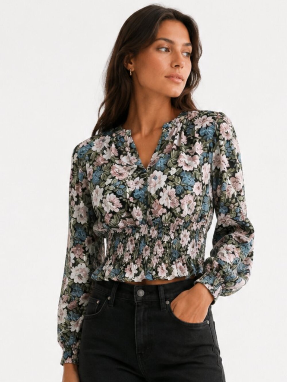 EN SAISON FLORAL CHIFFON SMOCKED WAIST LONG PUFFY SLEEVES BLOUSE - XS